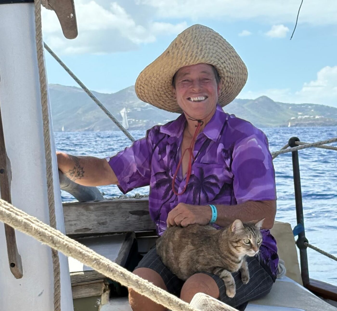 Angie aboard Cherub with the ship's cat